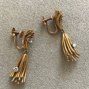 Vtg 14 kt yellow gold french screw back drop w/ 4 0.06ct diamond Earrings REAL